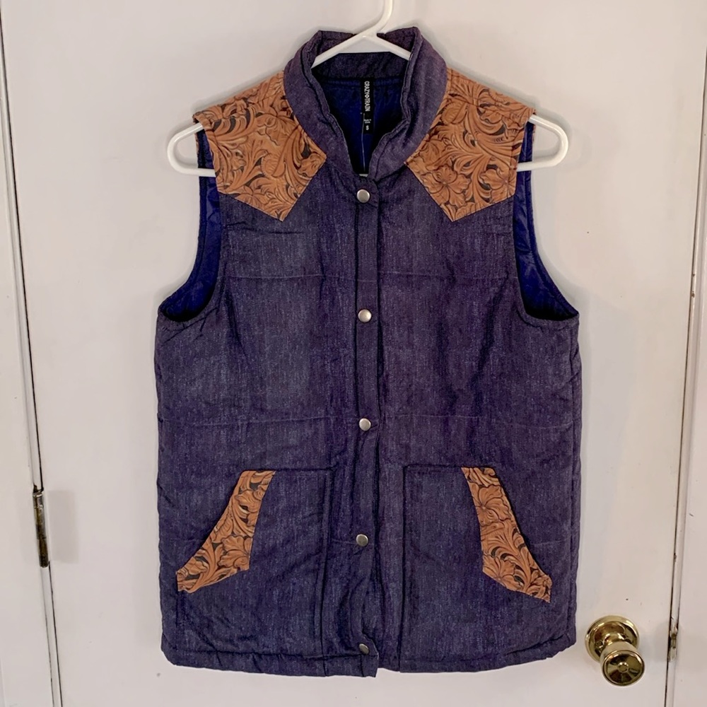 Crazy Train Purple western puffer vest with tooled leather print accents Size S